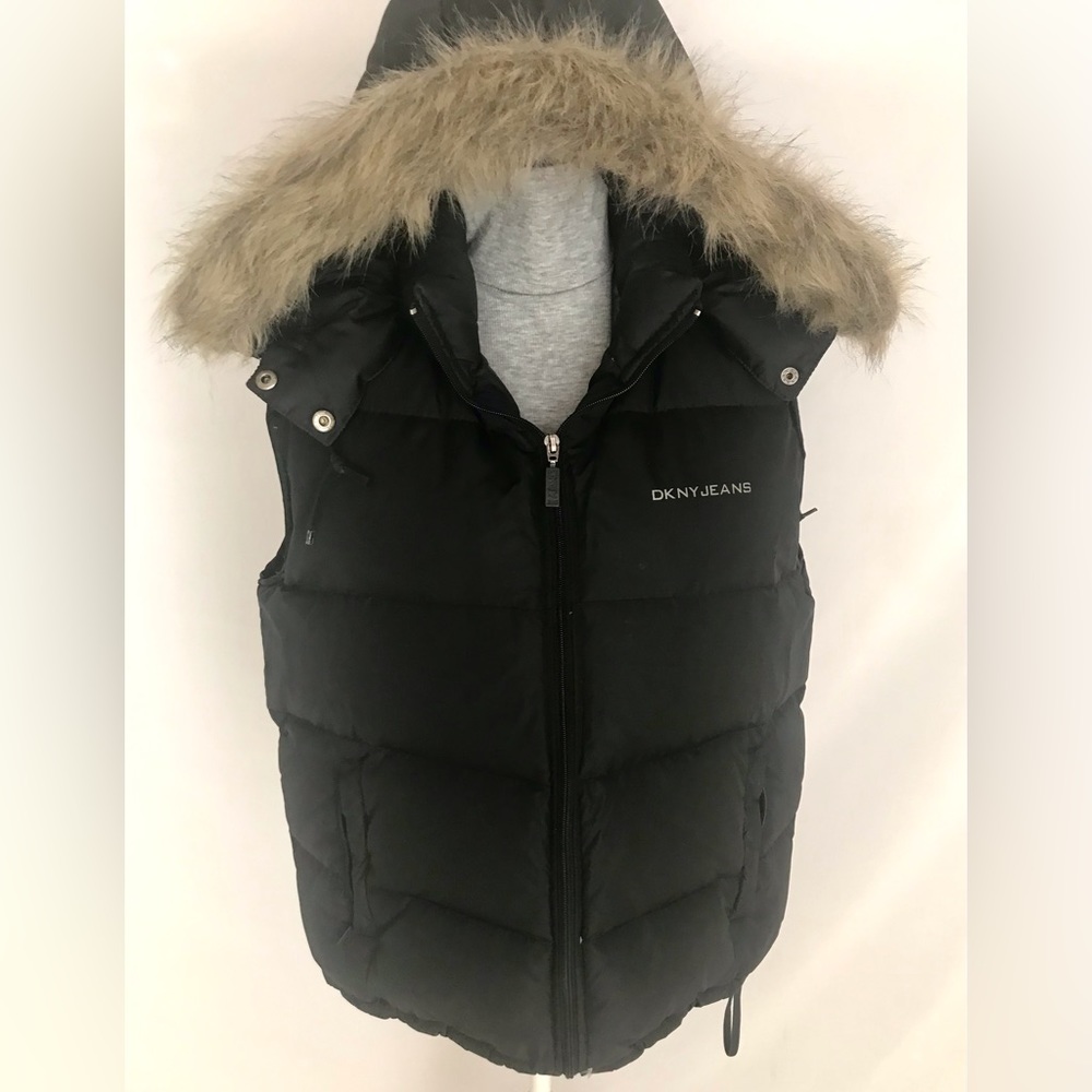 DKNY Jeans Black Puffer Vest with detachable fur trimmed hood
